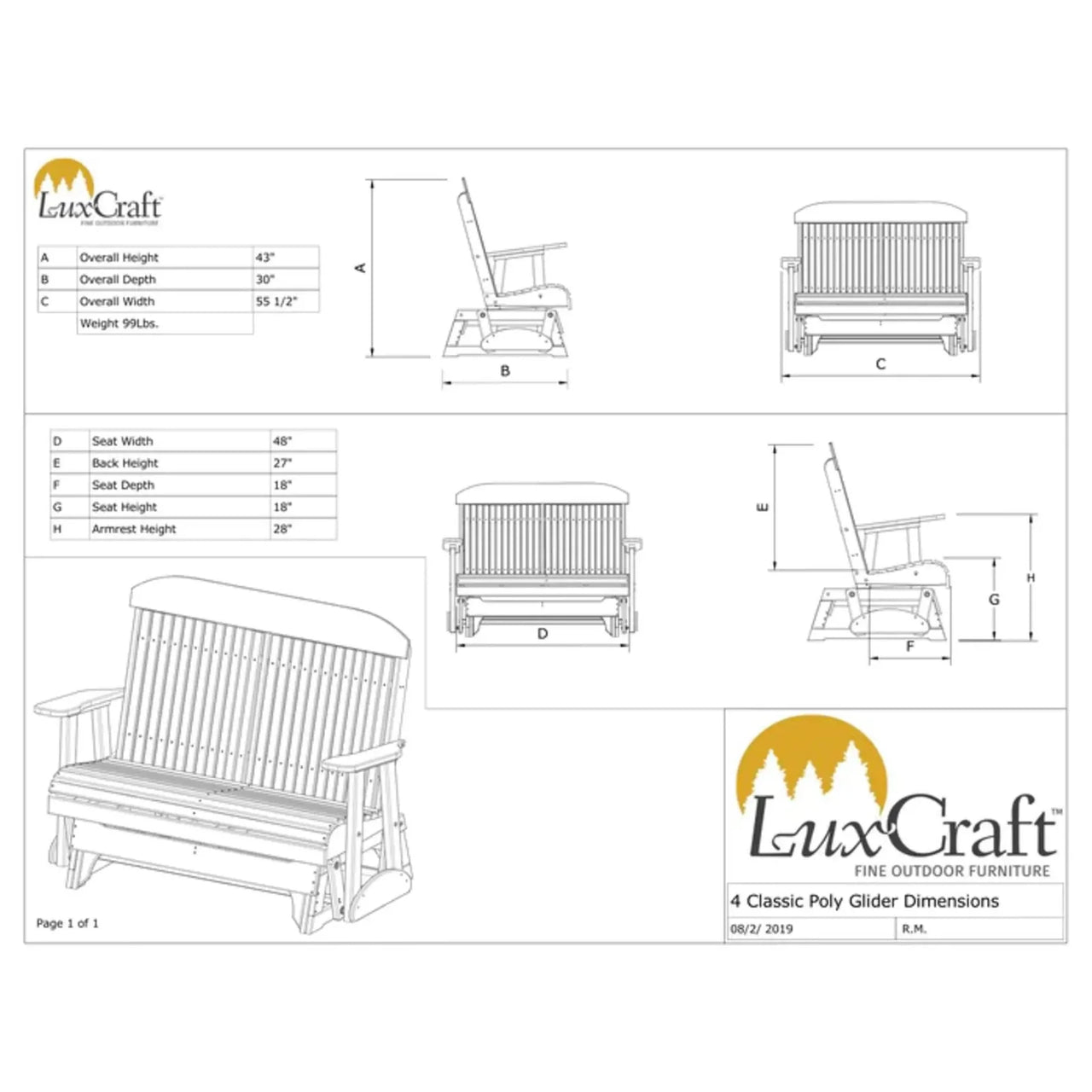 LuxCraft 4' Classic Poly Highback Outdoor Glider Chair