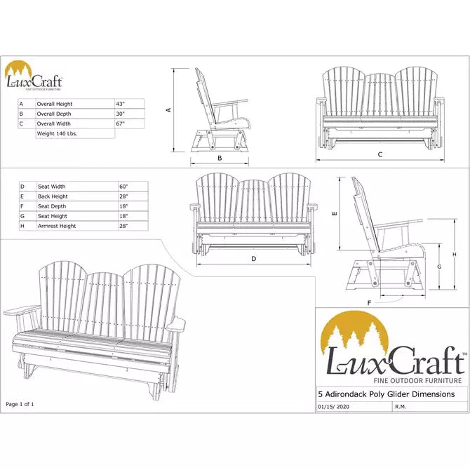 LuxCraft 5' Adirondack Poly Glider Chair With Fold Down Console