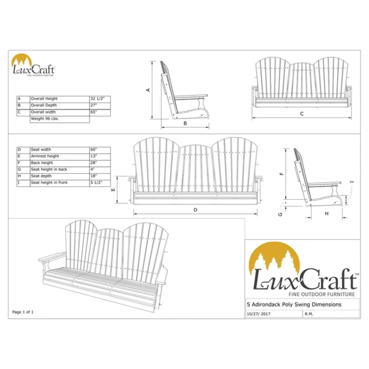 LuxCraft 5' Poly Adirondack Porch Swing With Flip Down Center Console