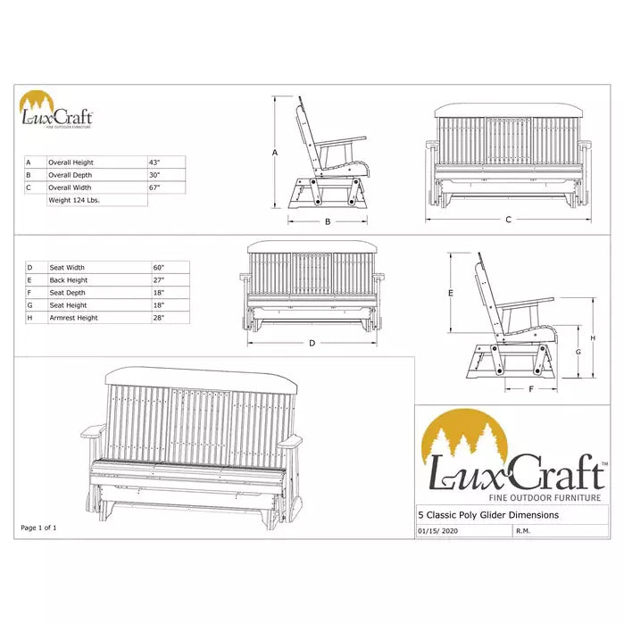 LuxCraft 5' Classic Poly Double Glider Chair With Center Tray
