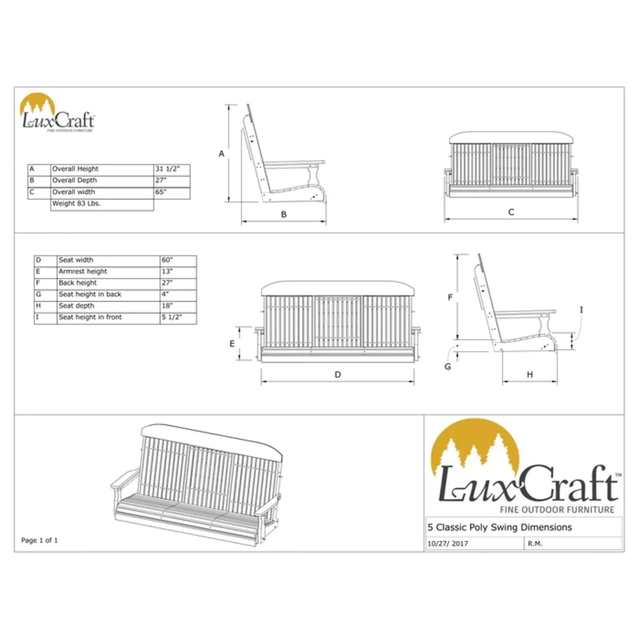 LuxCraft 5' Classic Highback Poly Porch Swing With Flip Down Center Console