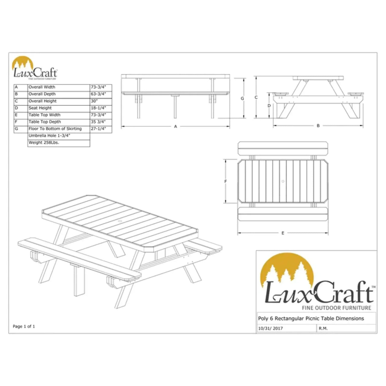 LuxCraft 6' Rectangular Outdoor Poly Picnic Table